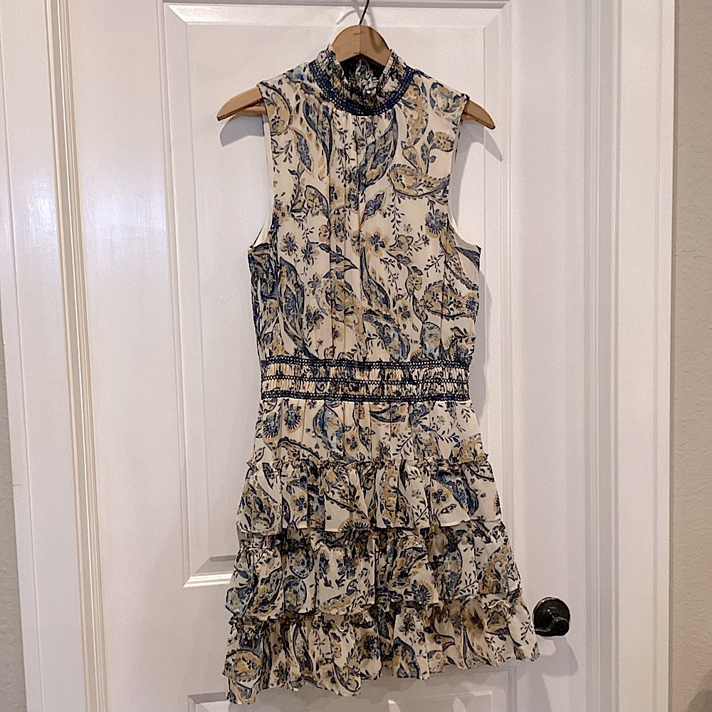 MSK Floral Ruffle Midi Dress - Blue and Cream